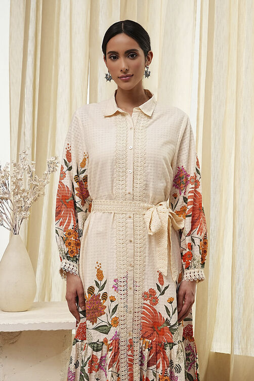 Beige Cotton Floral Shirt-Style Flared Dress image number 1