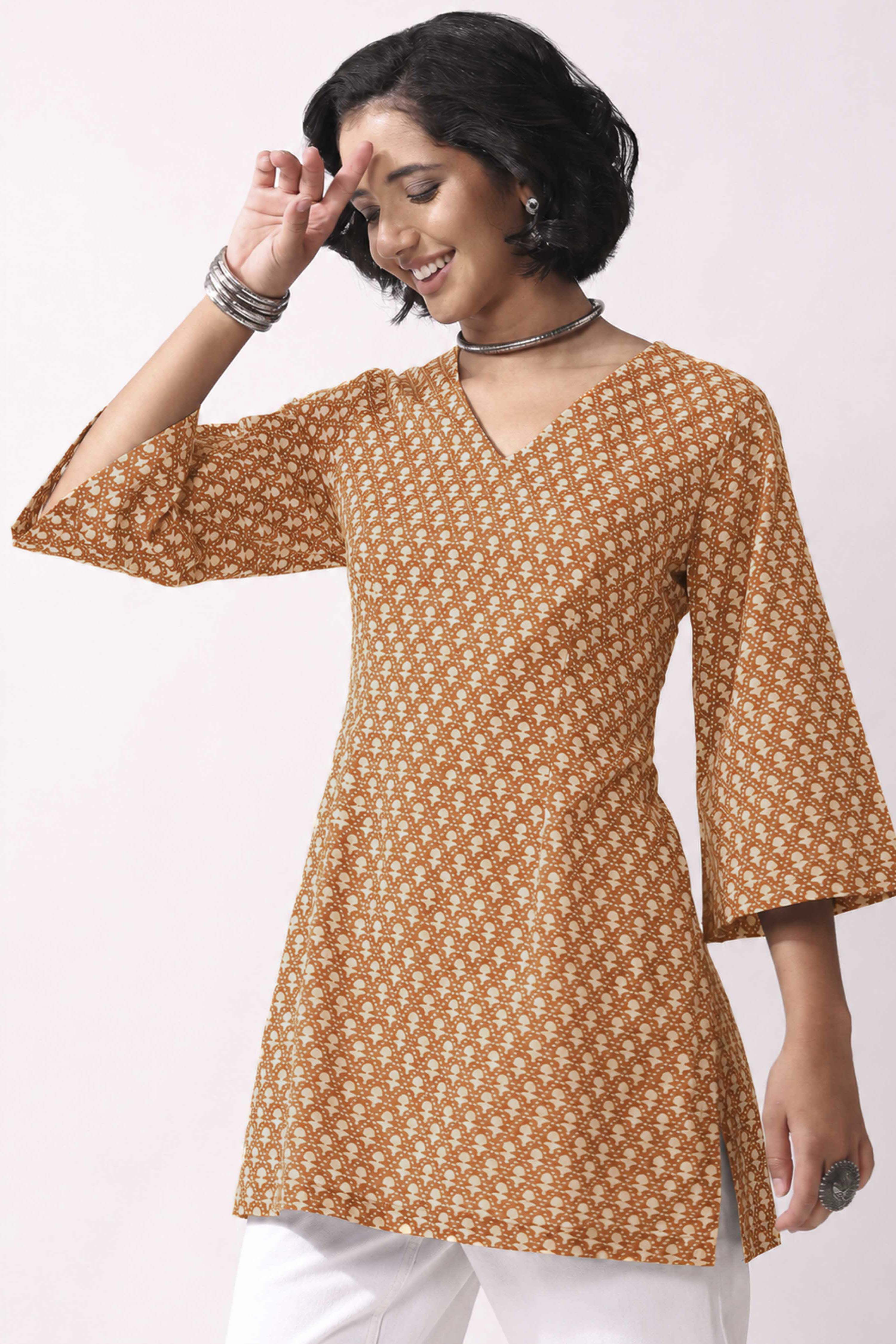 Mustard Cotton Straight Short Kurti image number 5