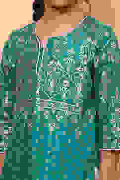Green and White Cotton Printed Straight Suit Set image number 1