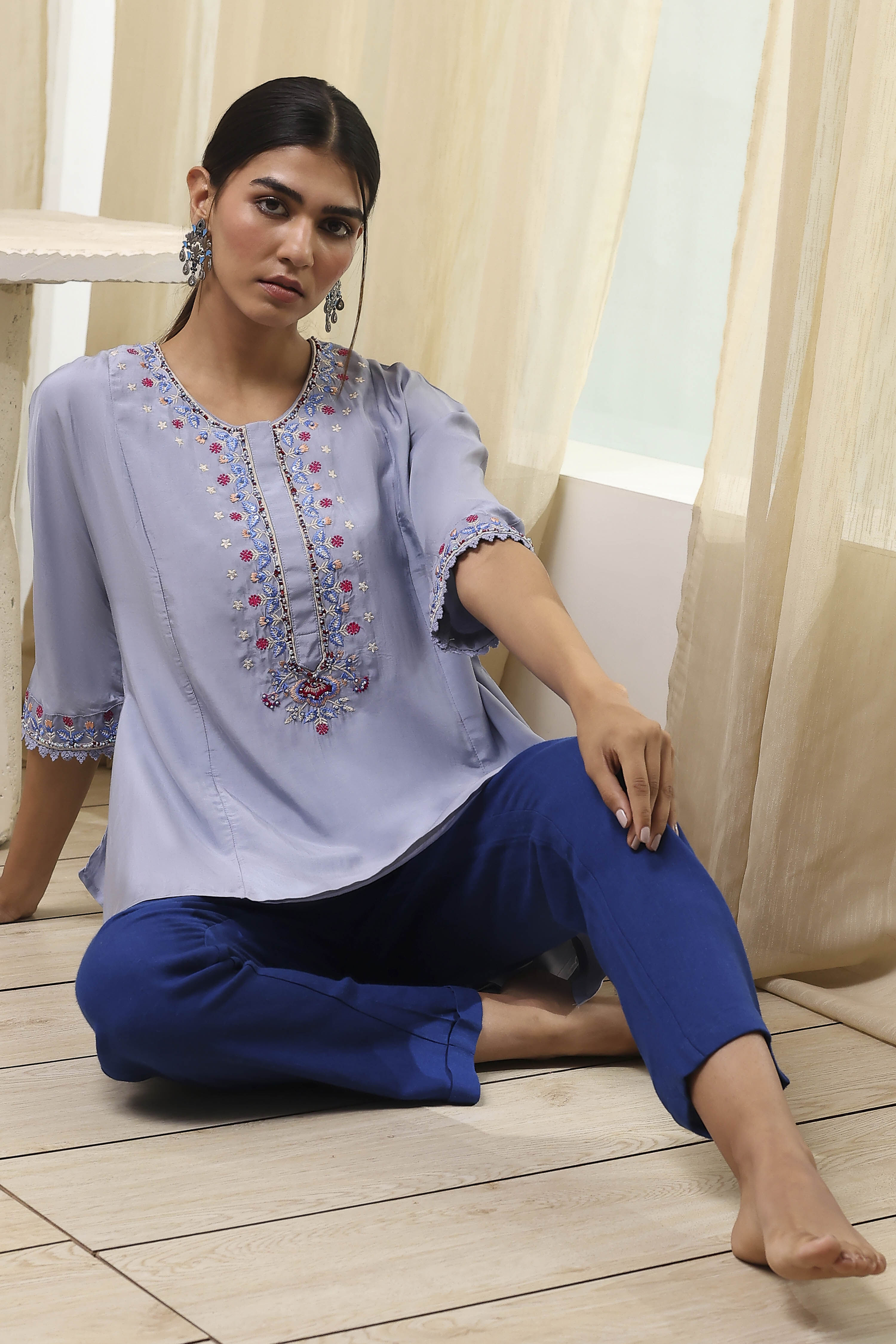 Dull Blue Modal Blend Asymmetric Short Kurta image number 0