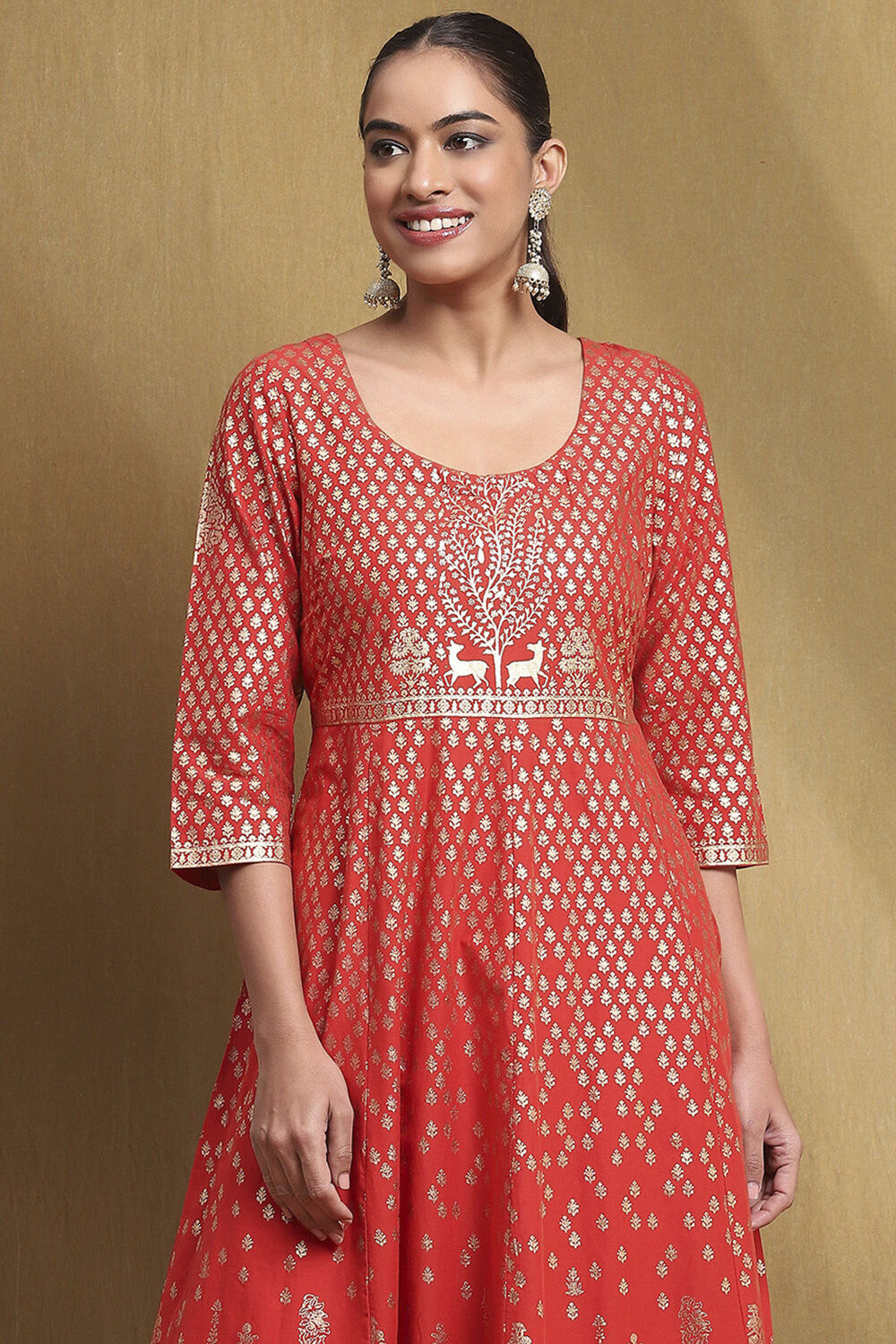 Red Cotton Printed Anarkali Suit Set image number 1