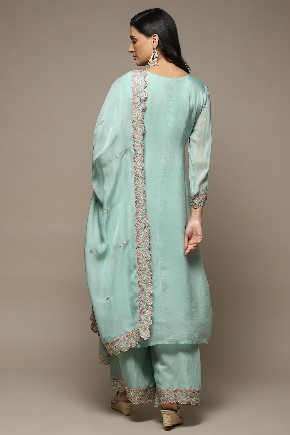 Turquoise Organza Machine Embroidered Unstitched Suit Set image number 5