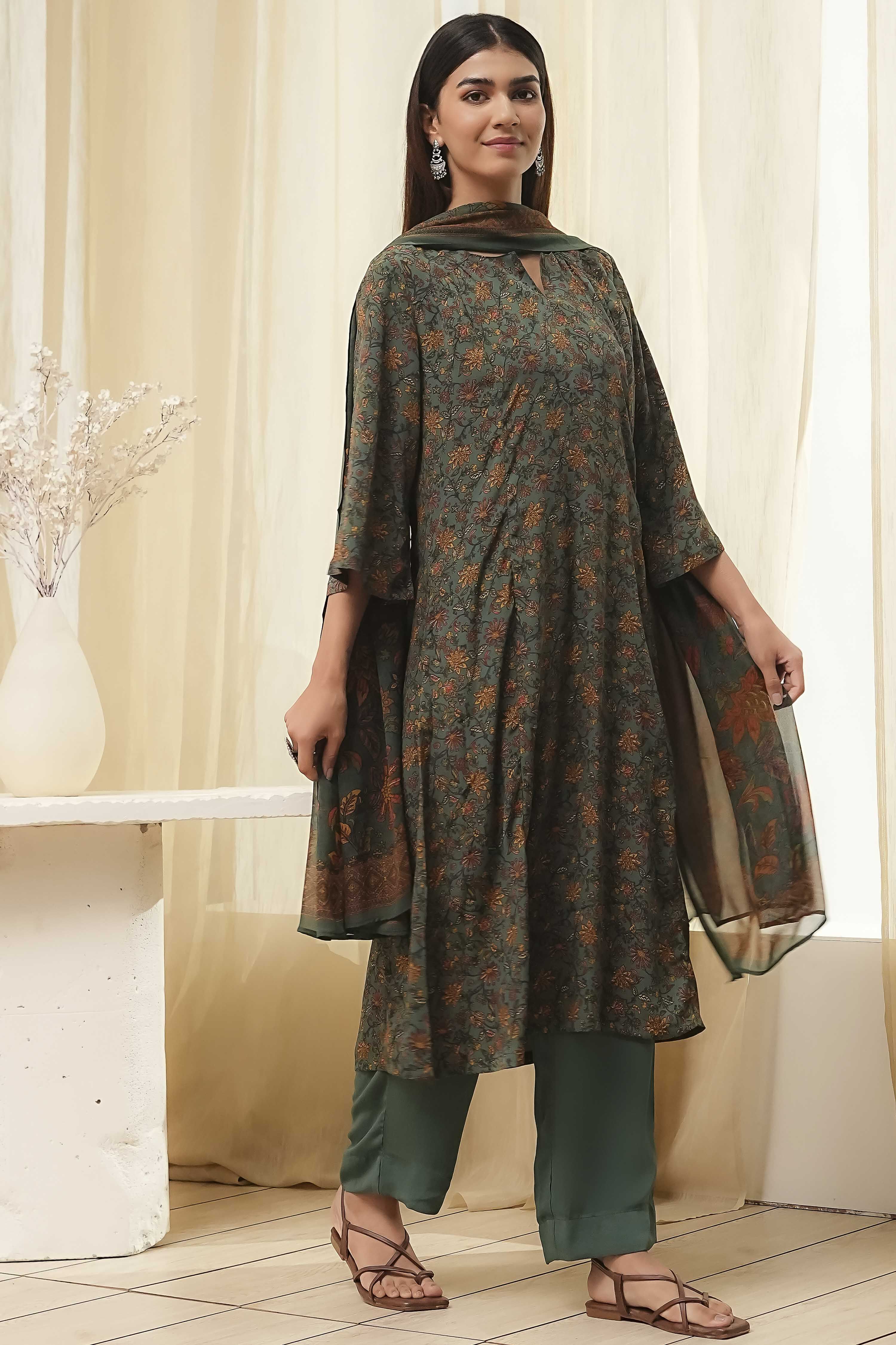 Green Art Silk Straight Suit Set image number 5