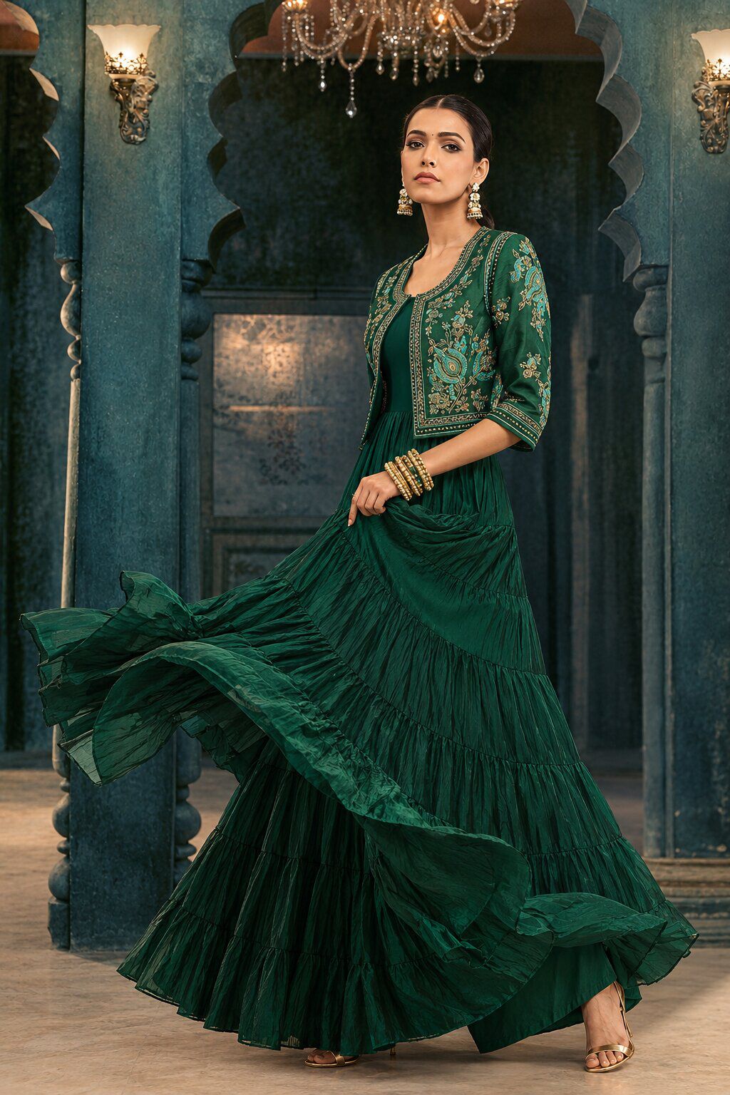 Emerald Green Silk Festive Tiered Anarkali Dress image number 0