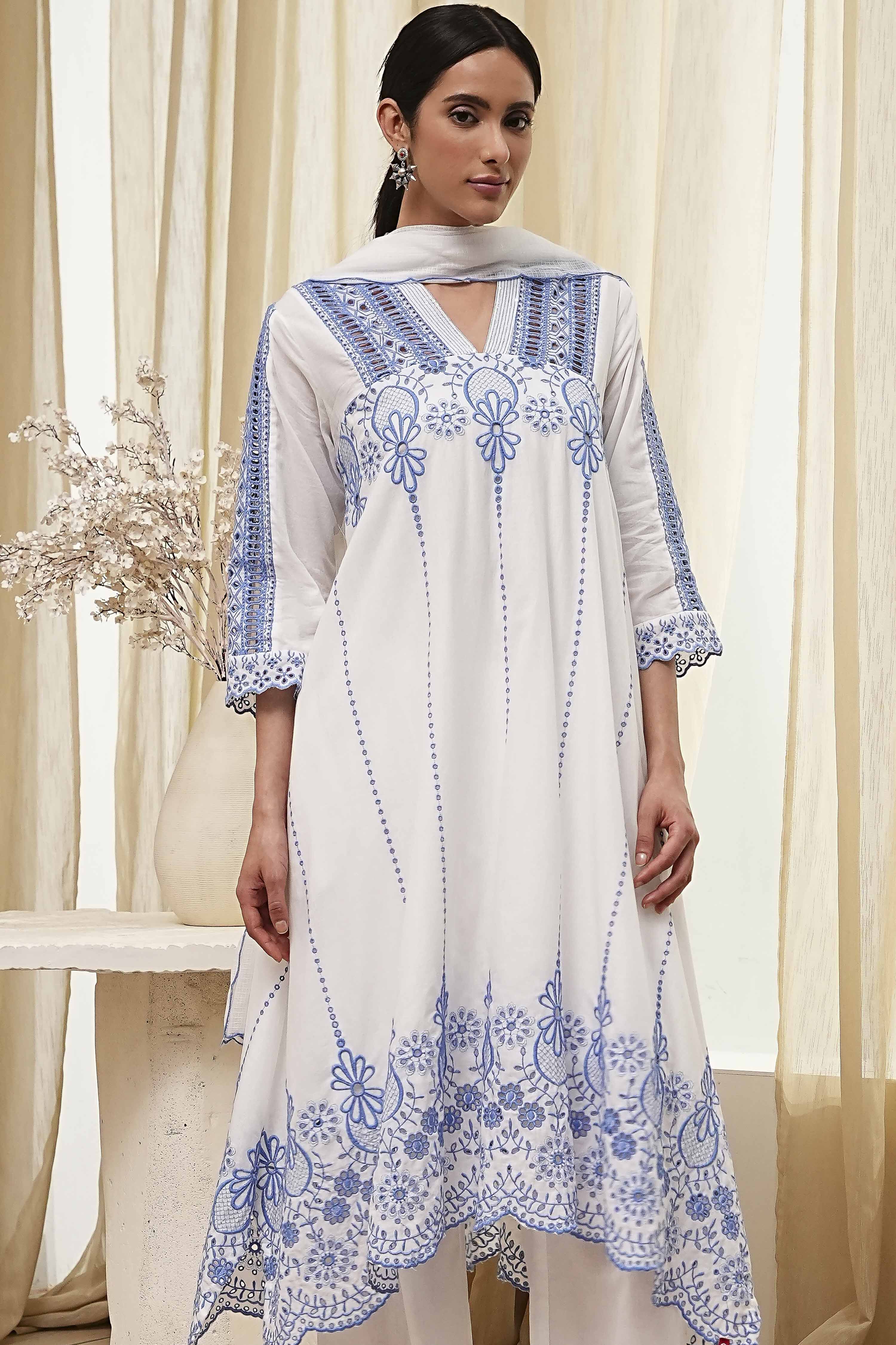 White and Blue Cotton Asymmetric Suit Set image number 1