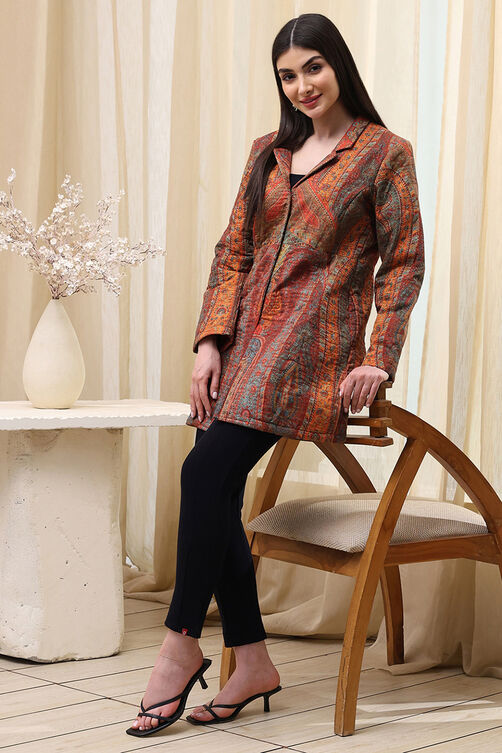 Burnt Orange Rayon Straight Printed Jacket image number 0