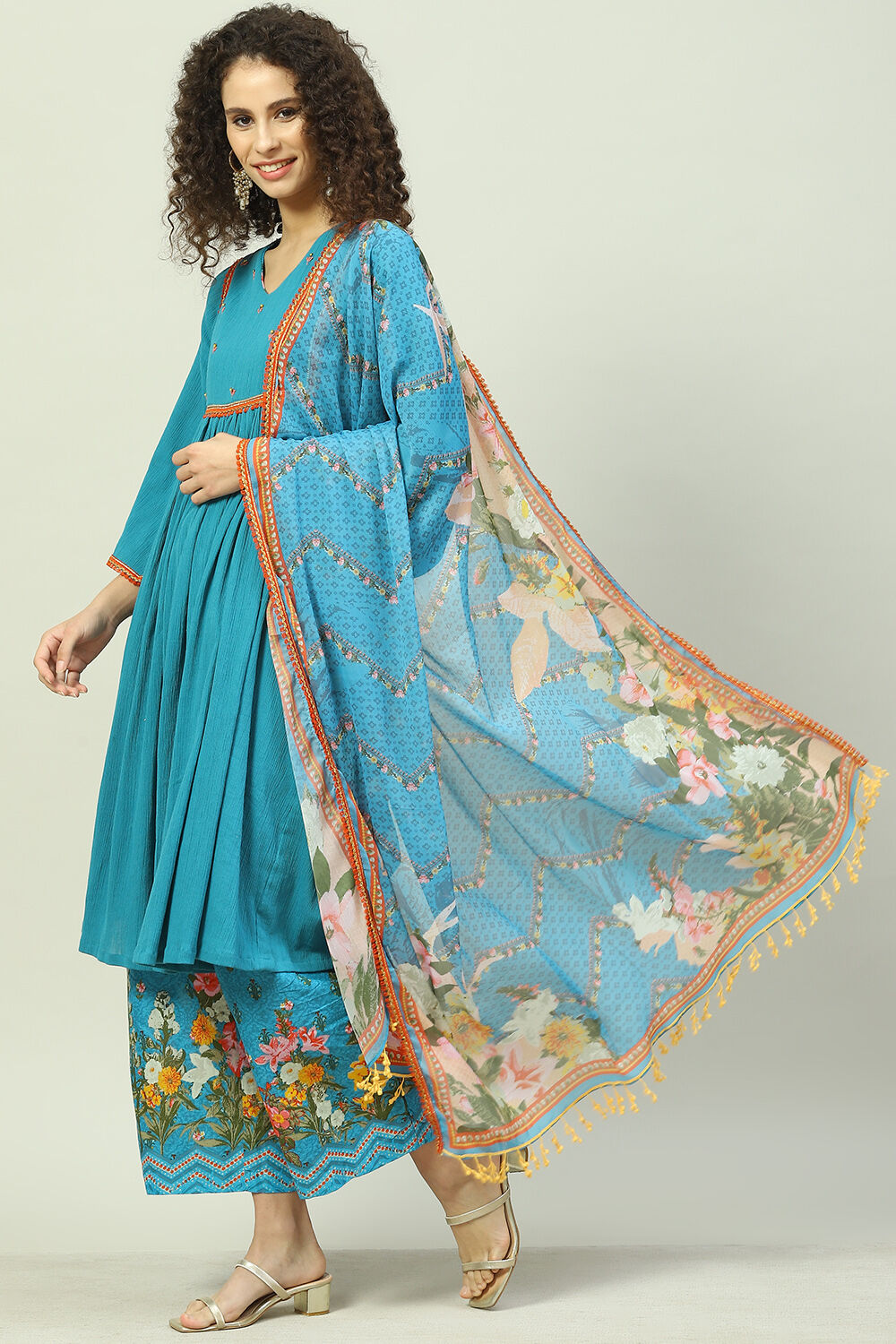 Turquoise Blue Art Silk Gathered Kurta Palazzo Suit Set image number 0