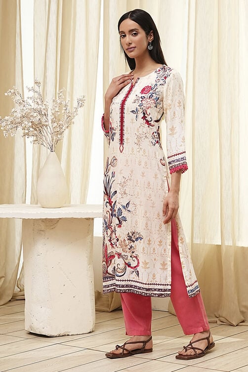 Ecru Floral Printed Straight Kurta image number 2
