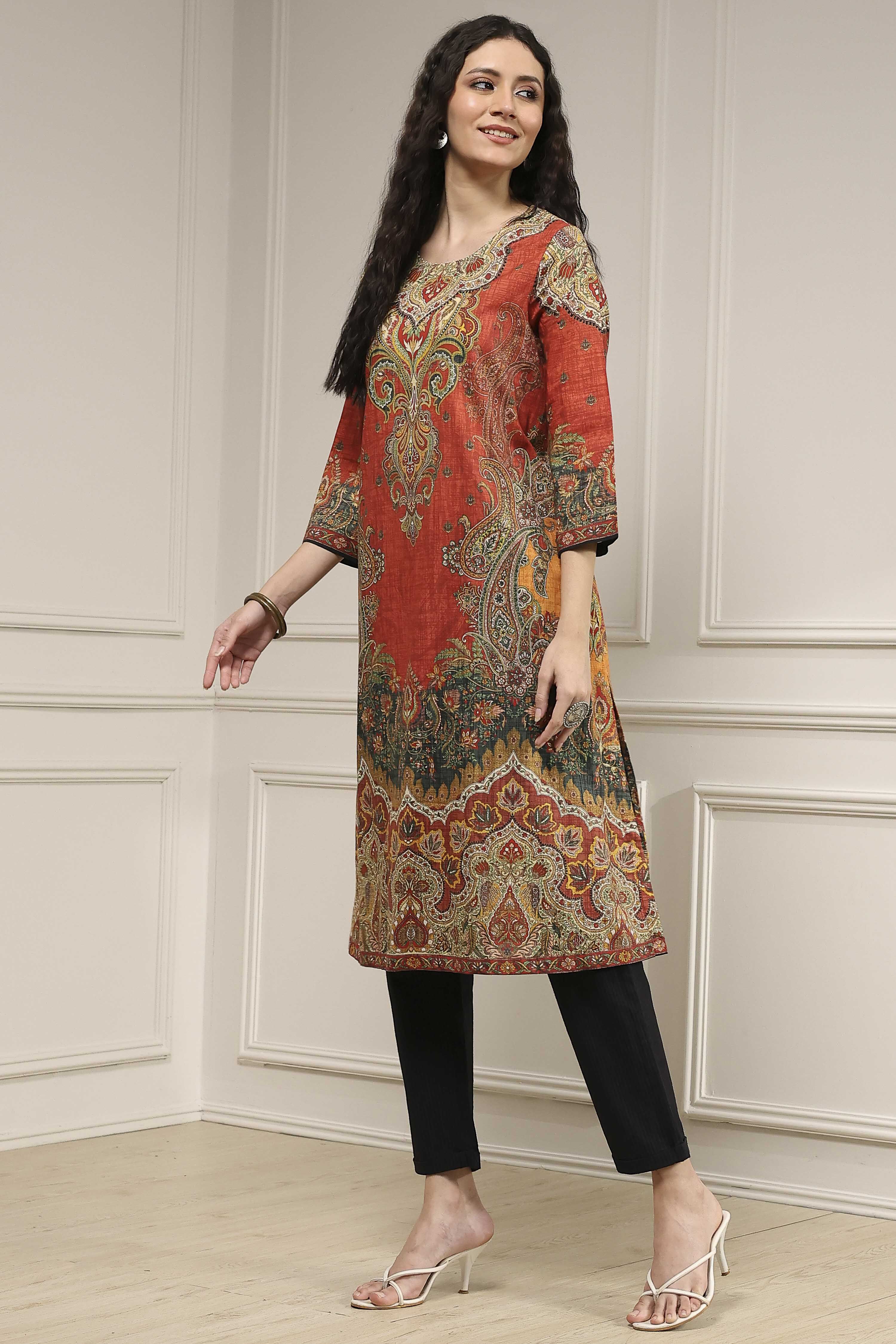 Rust Cotton Printed Straight Kurta image number 2