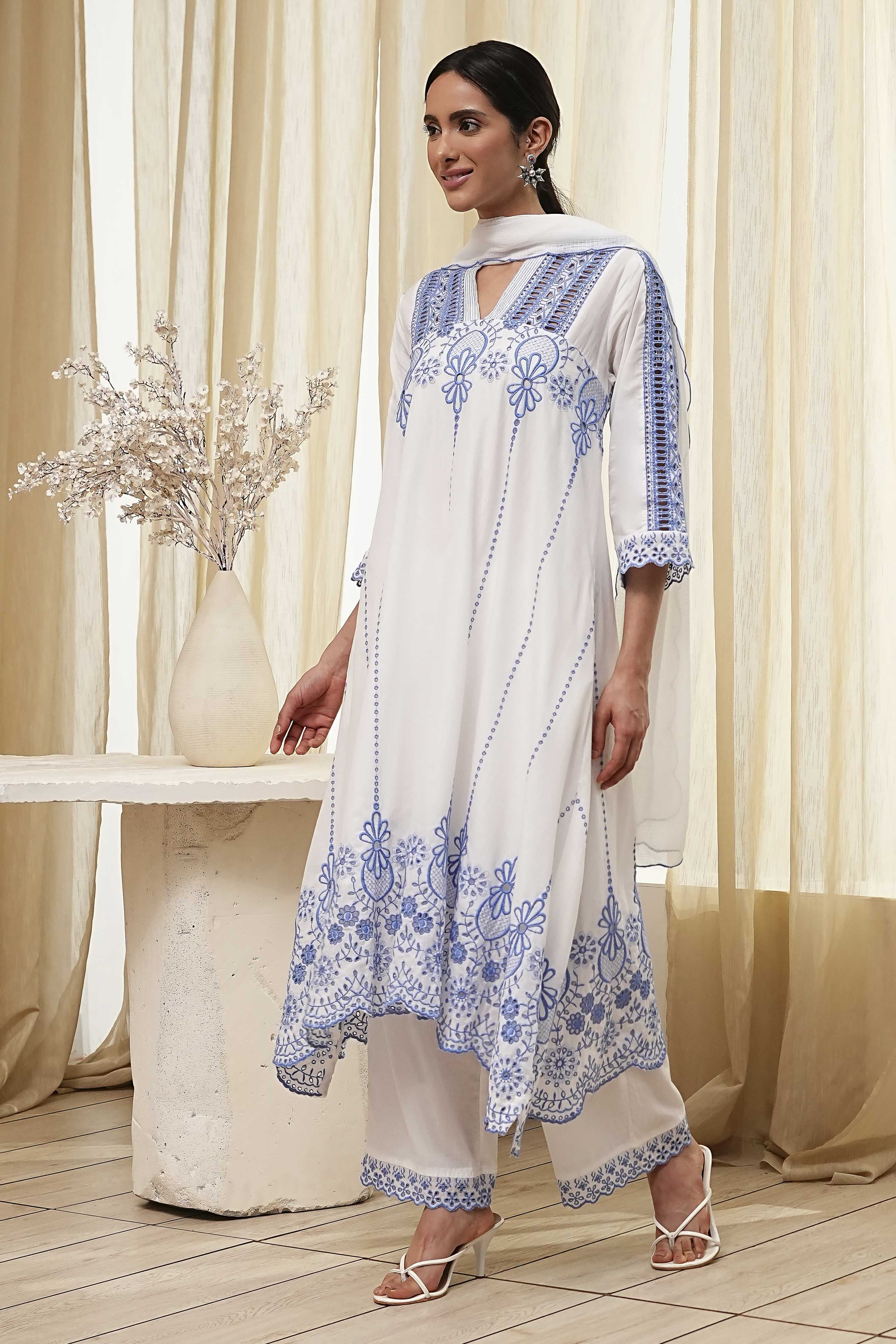White and Blue Cotton Asymmetric Suit Set image number 3
