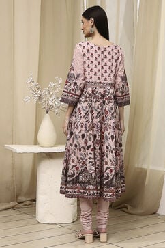 Beige Cotton Anarkali Kurta Churidar Suit Set image number 4