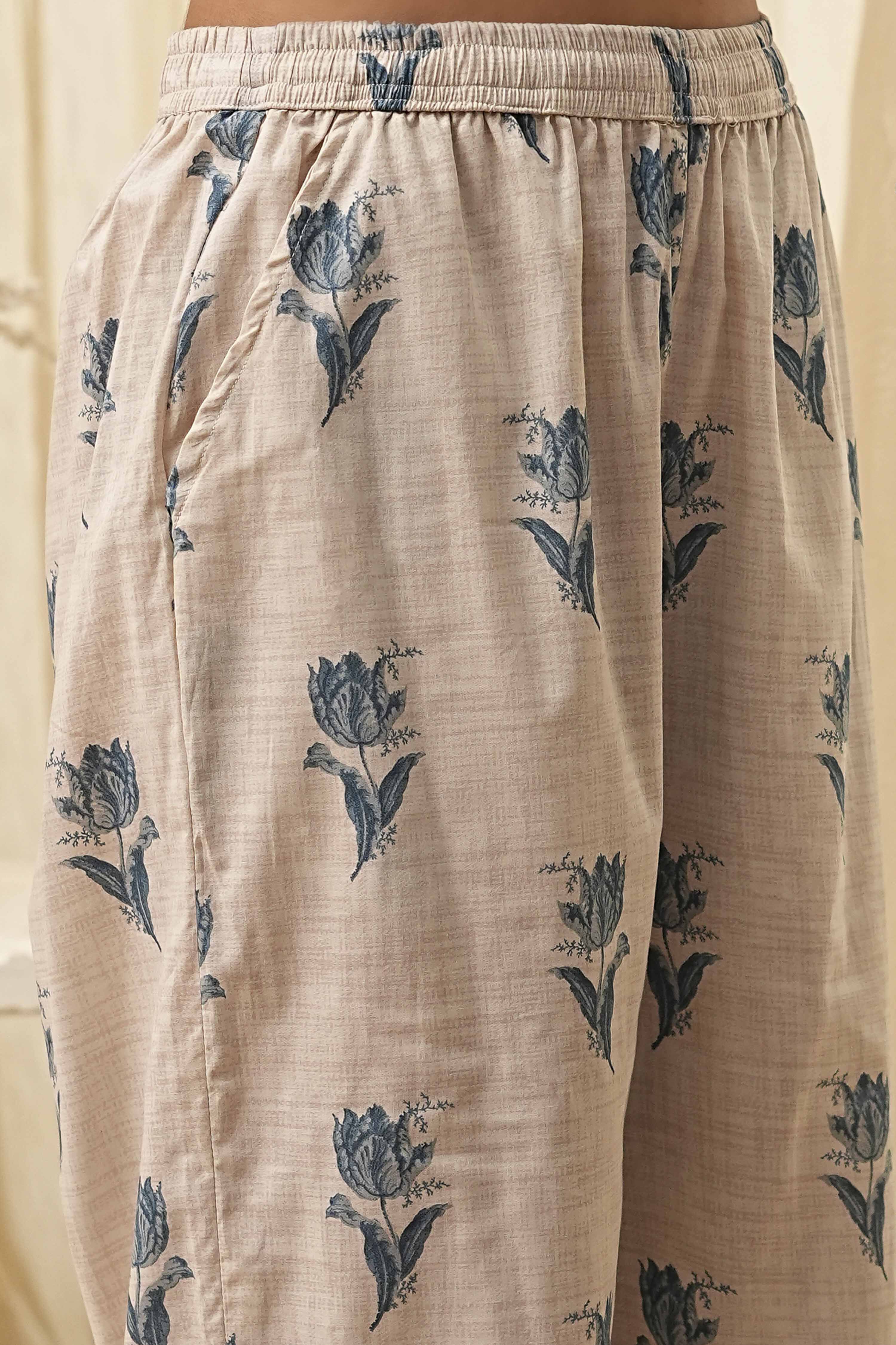 Beige and Blue Printed Front Open Kurta Set image number 2