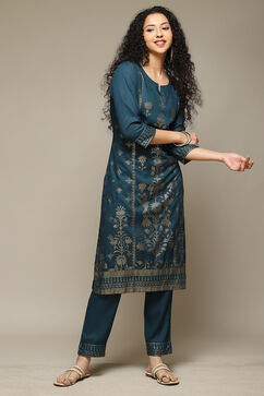 Teal Rayon Straight Kurta Pants 2 Piece Set image number 0