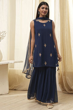 Blue Embroidered Straight Suit Set image number 6