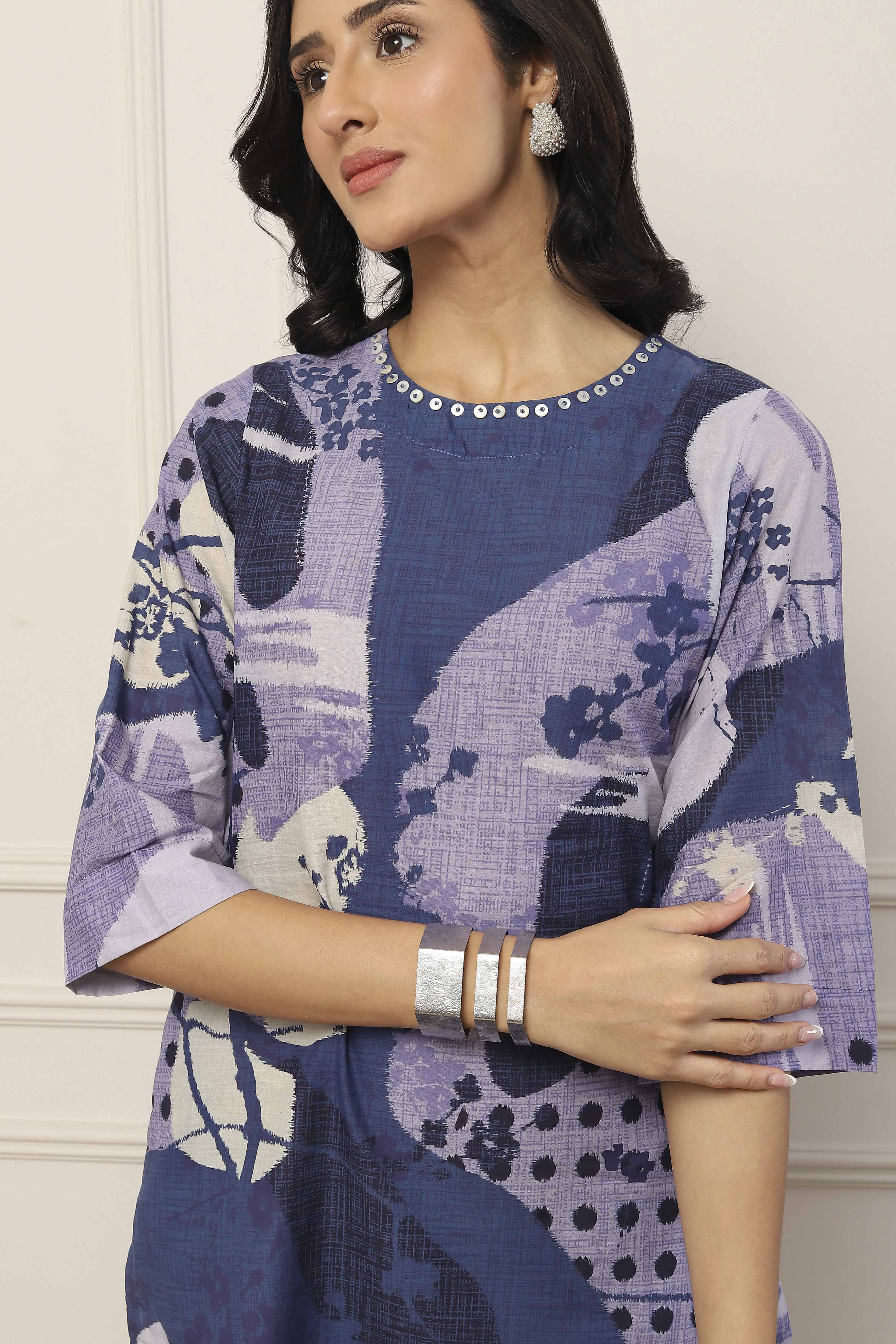 Blue Cotton Abstract Printed Straight Suit Set image number 1