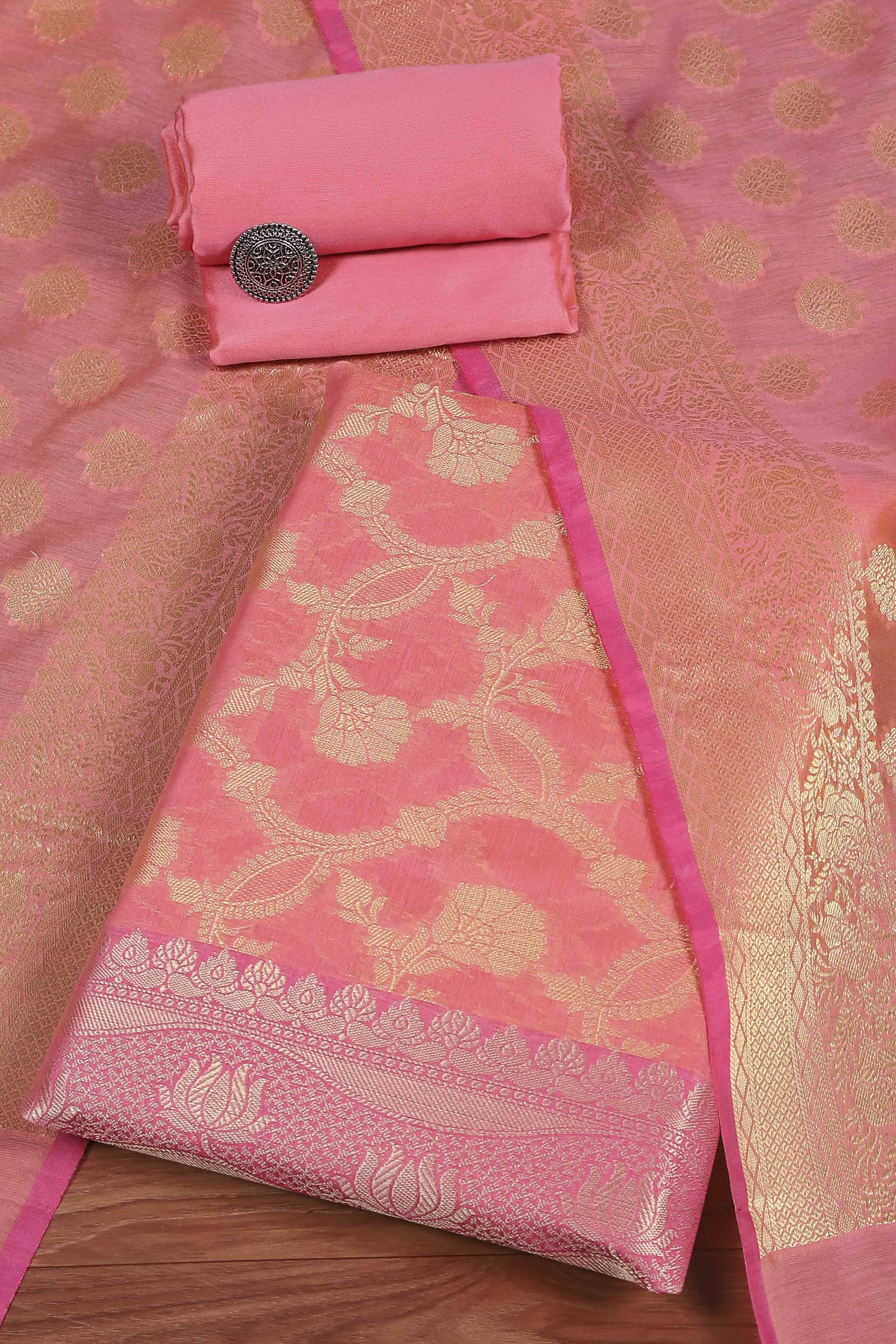 Pink Cotton Printed Embroidered Unstitched Suit Set image number 0