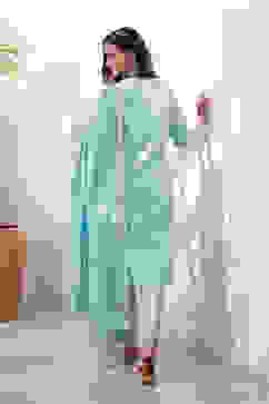 Aqua Yard-Dyed Chanderi Kurta & Pants Suit Set image number 4