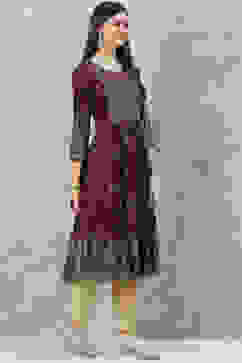 Brown Rayon A-Line Printed Kurta image number 3