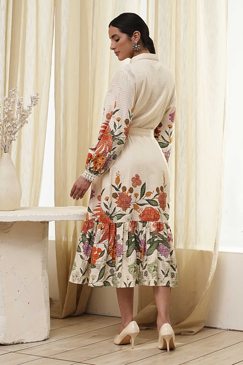 Beige Cotton Floral Shirt-Style Flared Dress image number 3