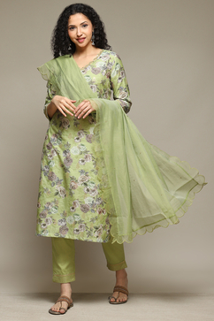 Green Cotton Blend Floral Straight Suit Set image number 0