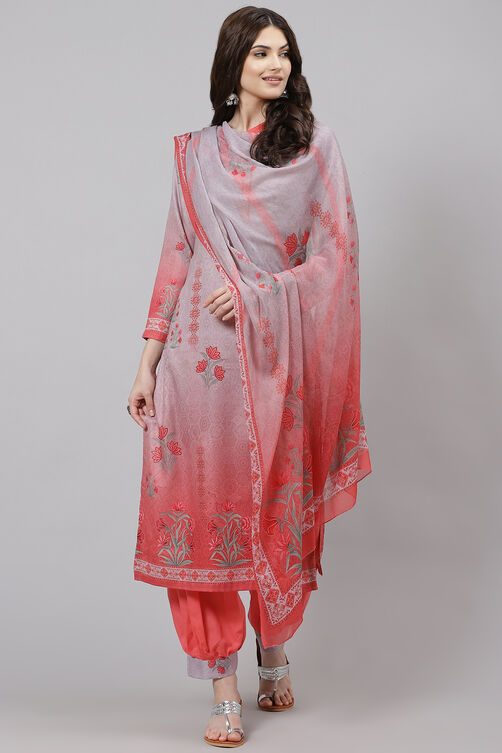 Off White Poly Spun Digital Print Unstitched Suit Set image number 0