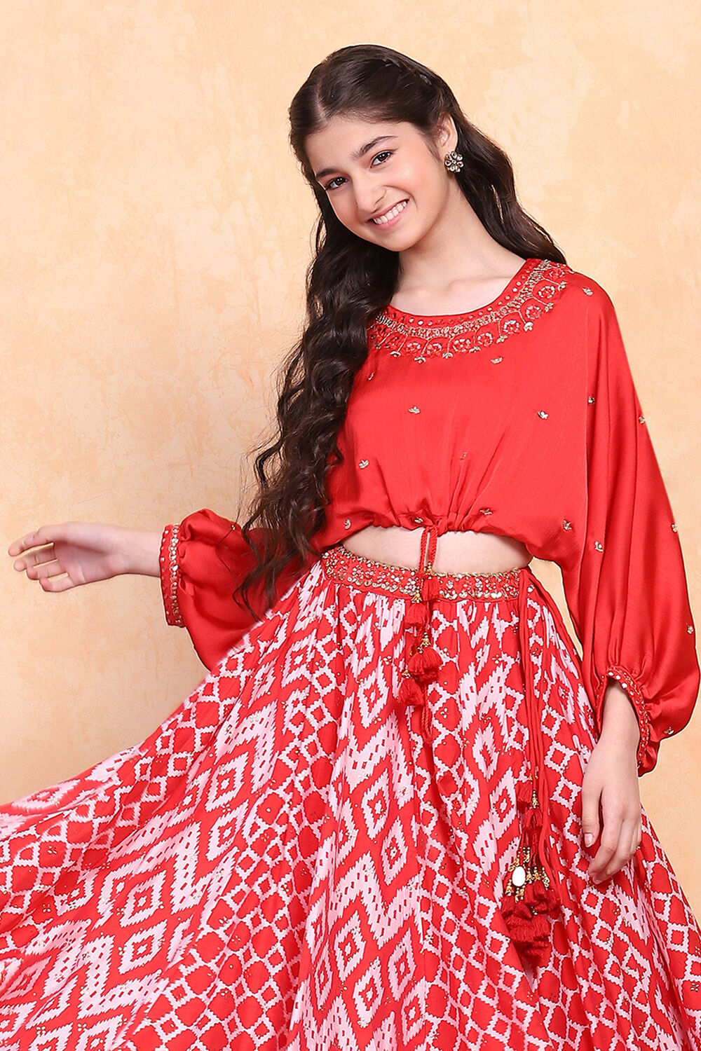 Red Printed Fusion Flared Lehenga Set image number 7