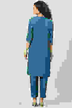 Teal Art Silk Straight Kurta Slim Pant Suit Set image number 4