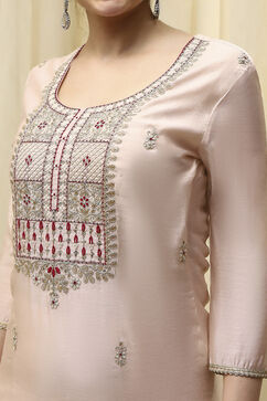 Beige Cotton Blend Machine Embroidered Unstitched Suit Set image number 2