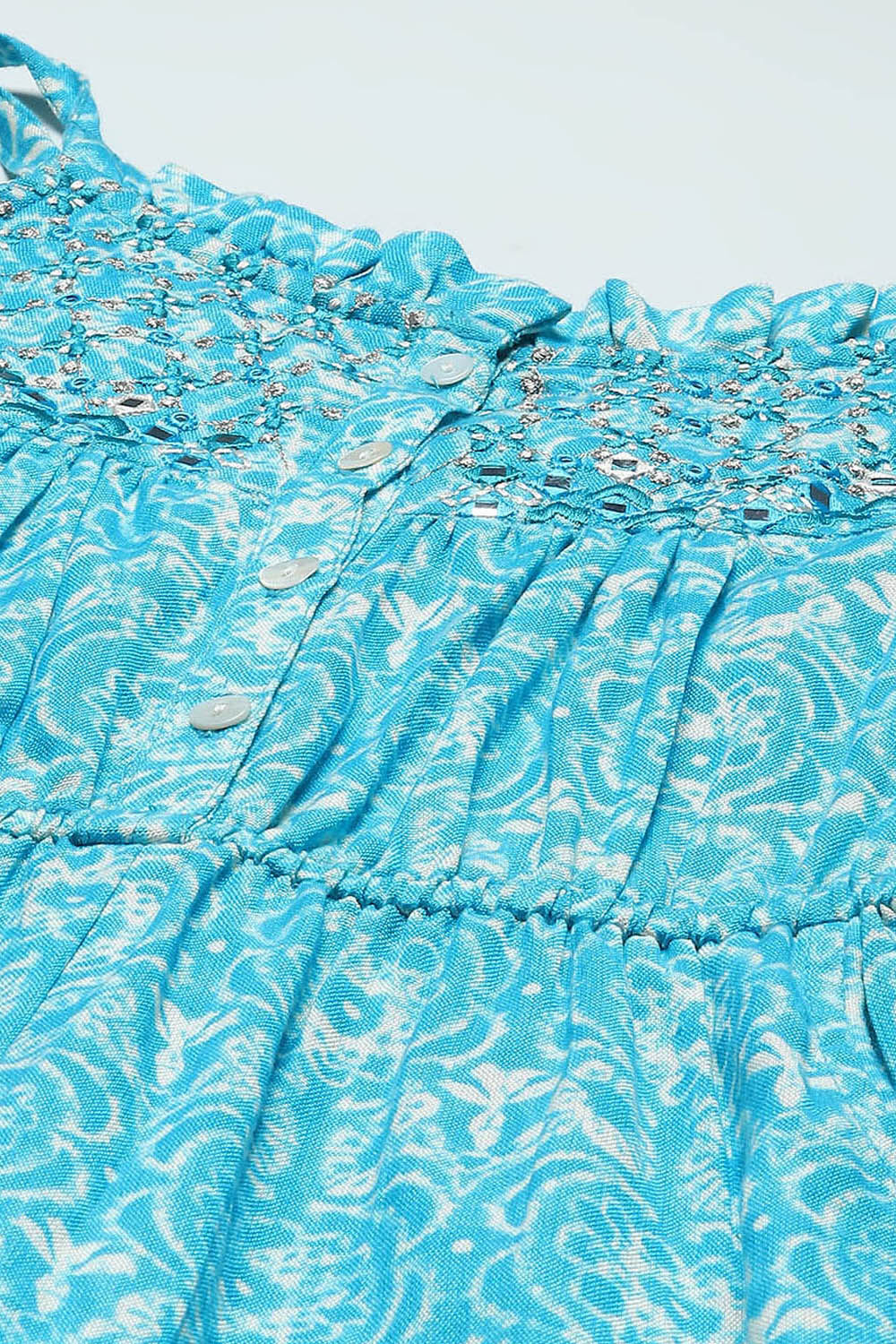 Aqua Printed Rayon Strappy Jumpsuit With Embroidered Yoke image number 1