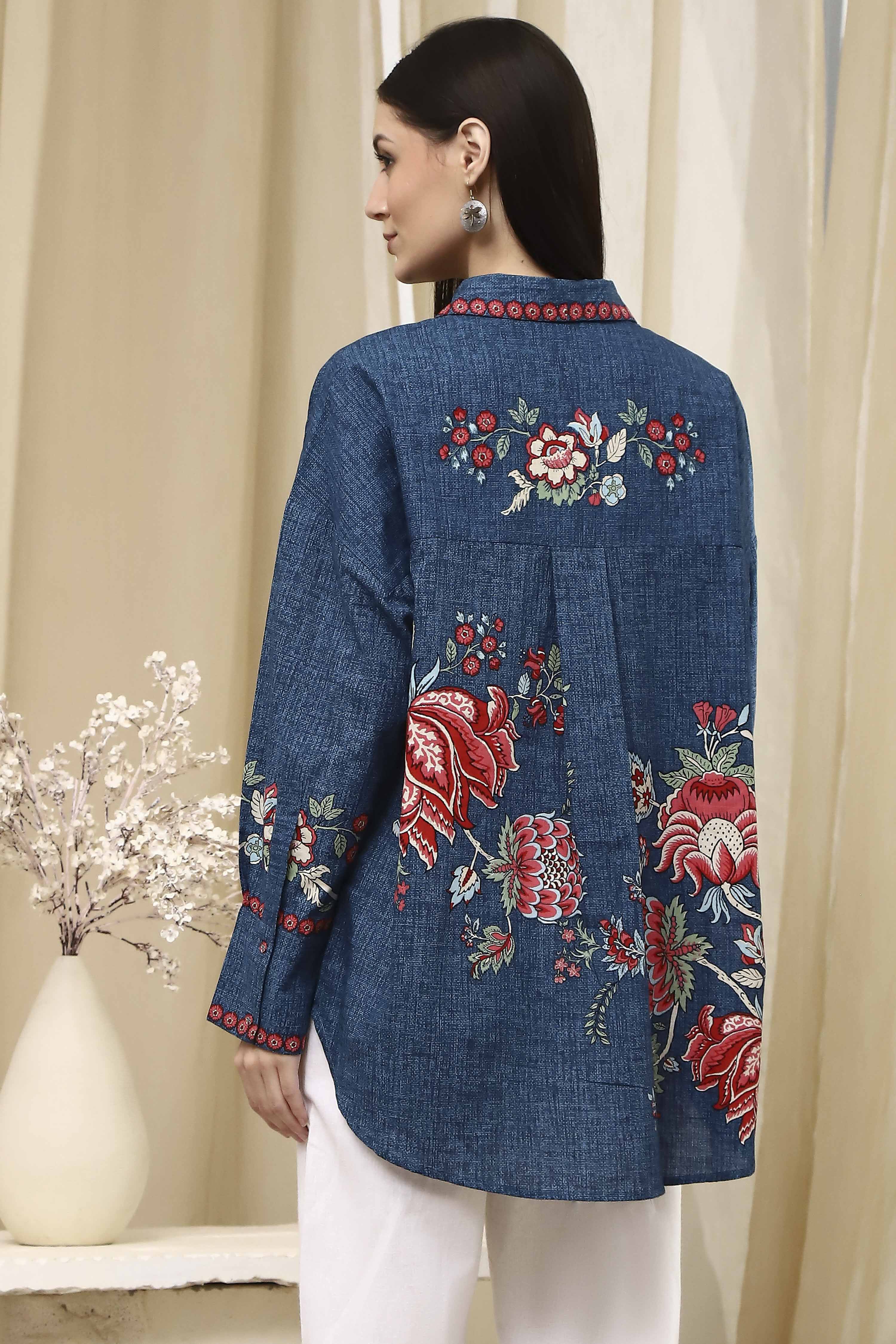 Blue Cotton Floral Printed Shirt image number 3