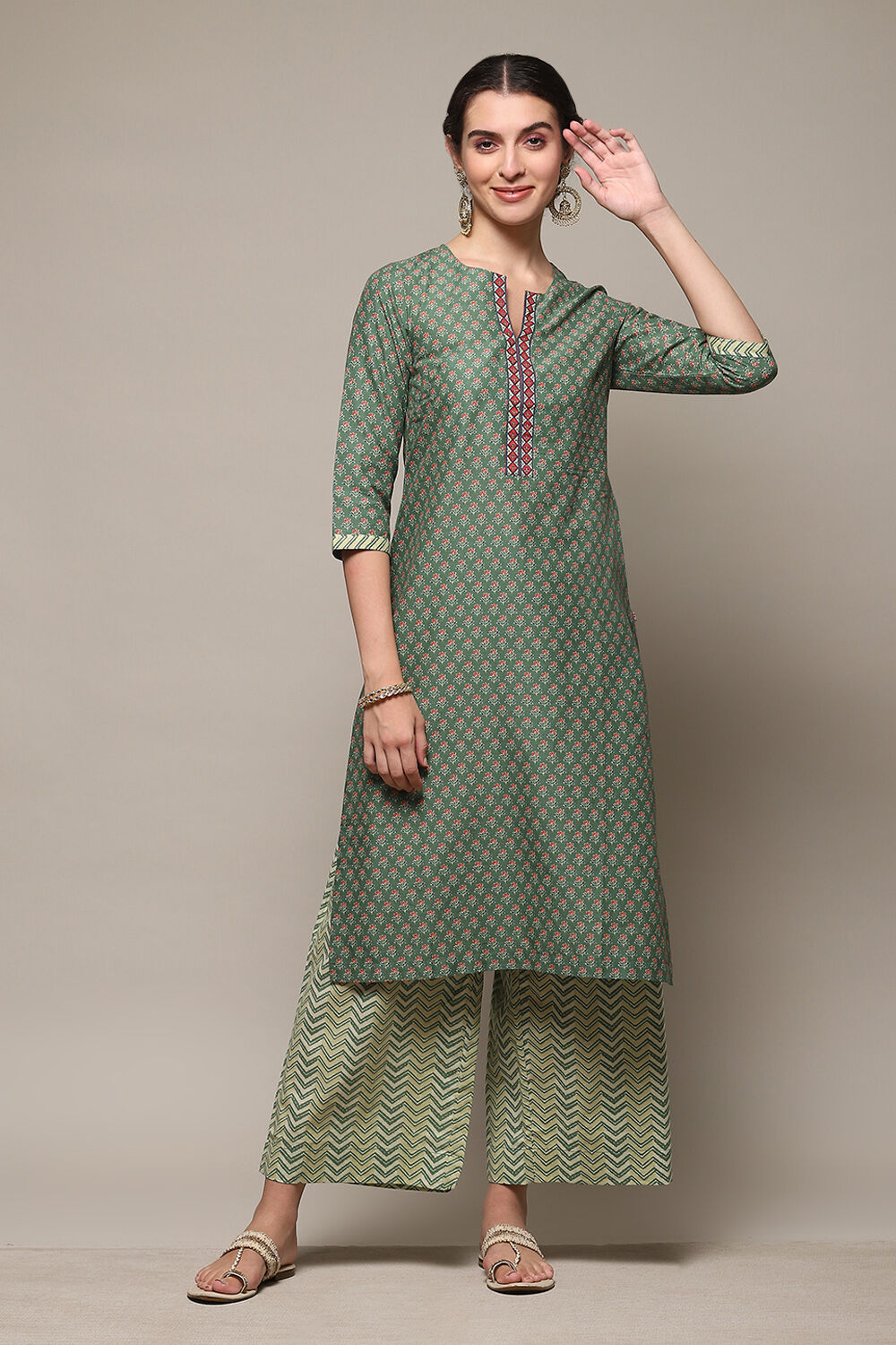 Sap Green Cotton Straight Kurta Palazzo Suit Set image number 0