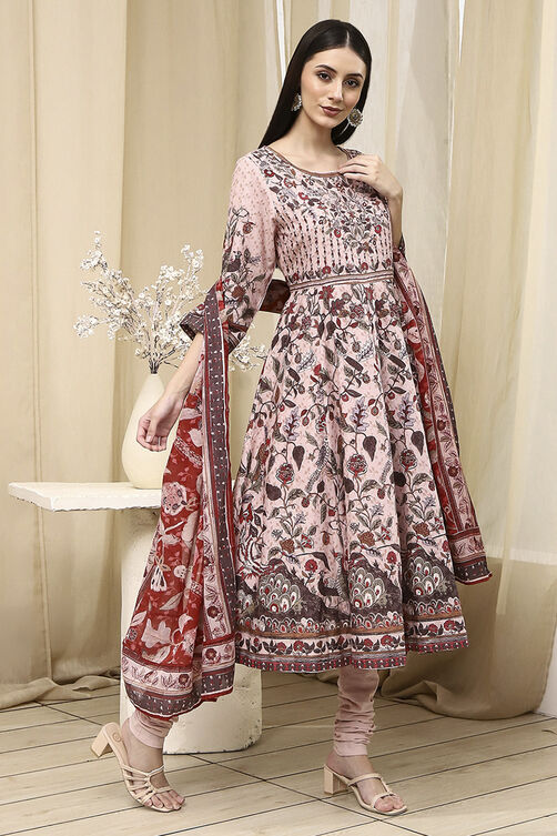 Beige Cotton Anarkali Kurta Churidar Suit Set image number 5