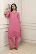 Pink Cotton Solid Floral Cutwork Straight Suit Set