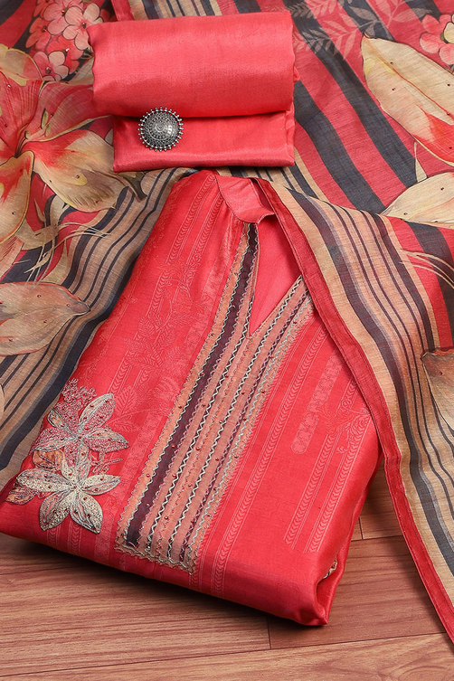 Blue Chanderi Floral Printed Unstitched Suit Set image number 0