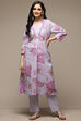 White & Pink Cotton Gathered Kurta Pants Suit Set image number 6