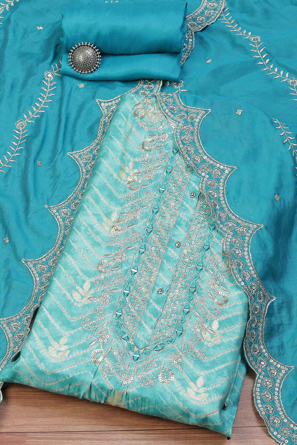 Blue Modal Machine Embroidered Unstitched Suit Set image number 0