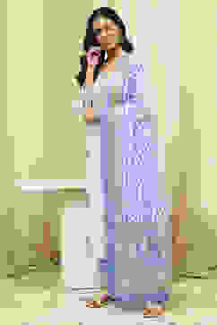 White and Blue Cotton Screen Print Unstitched Suit Set image number 4