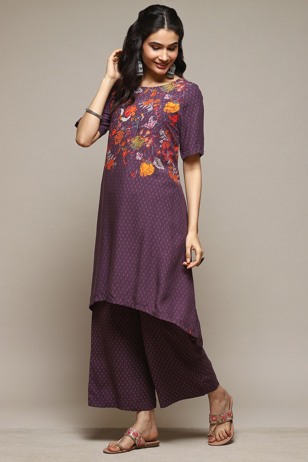 Navy Rayon Asymmetric Kurta Palazzo Suit Set image number 3