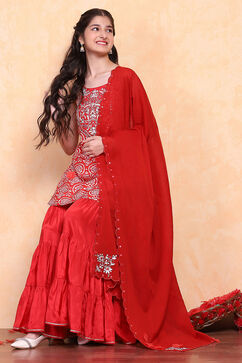Red Viscose Blend Sharara Suit Set image number 7