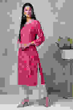 Pink Rayon Straight Kurta Pants Set image number 4