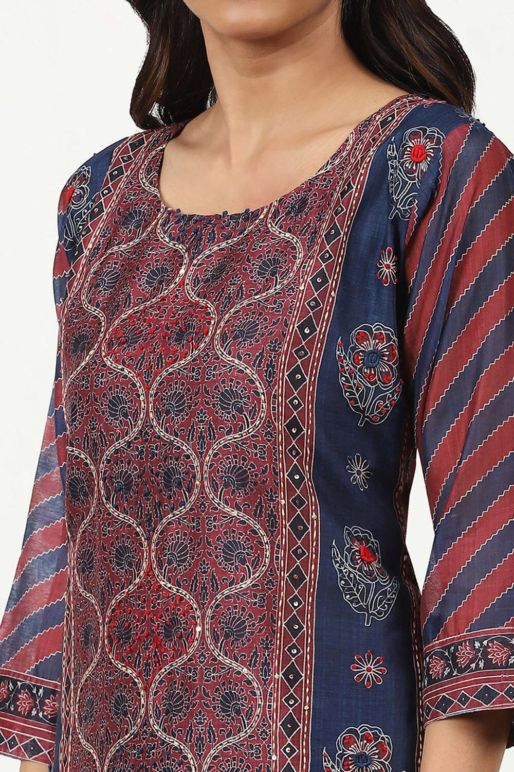 Maroon Chanderi Printed  Embroidered Unstitched Suit Set image number 1