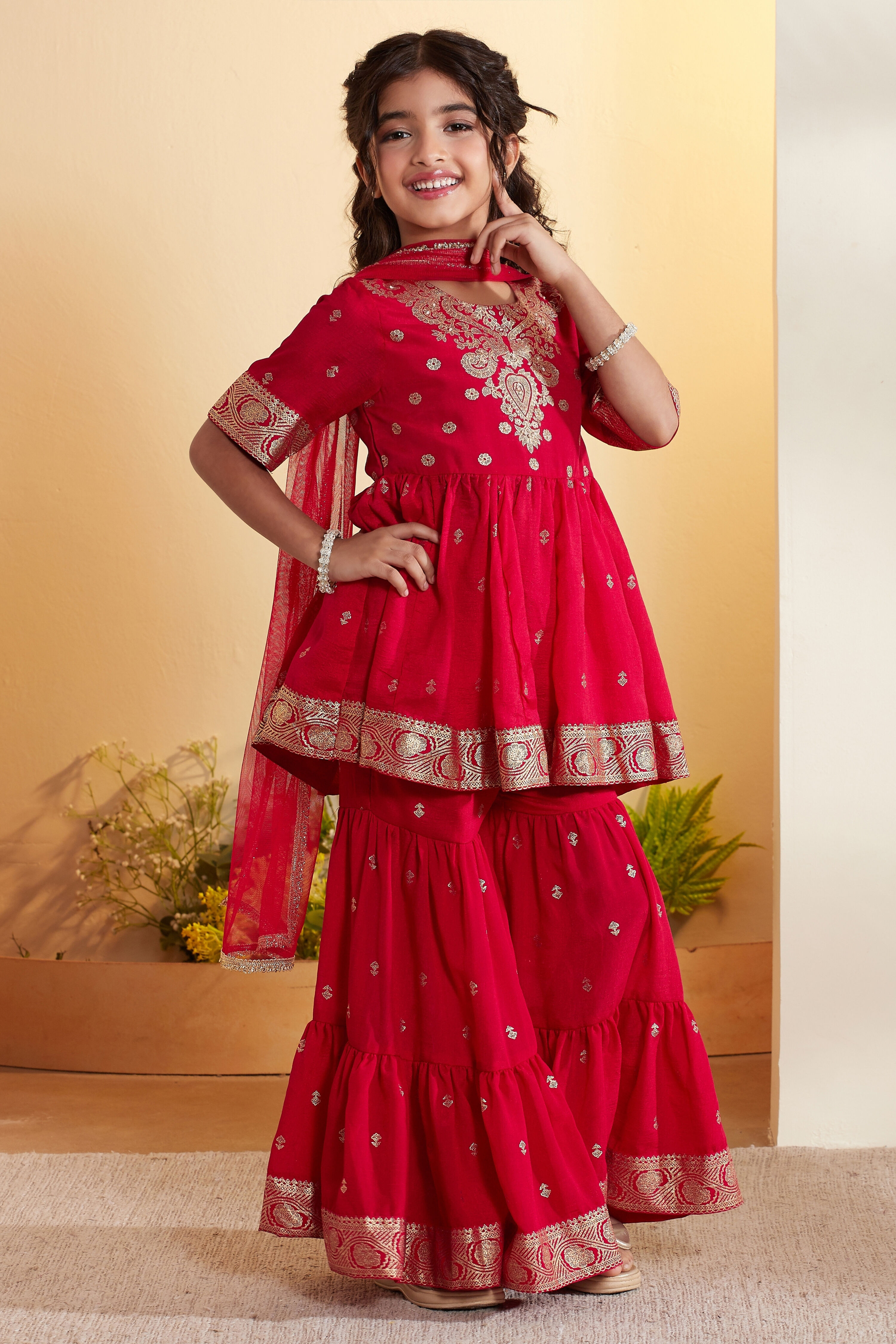 Red Ethnic Motifs Garara Kurta Set image number 4