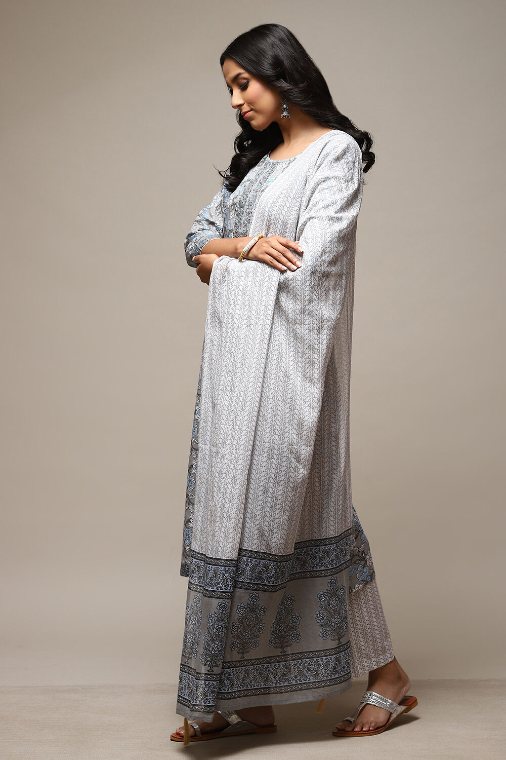 Grey Cotton Hand Block Print Unstitched Suit Set image number 11