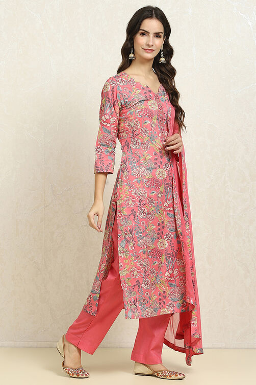 Green Cotton Floral Unstitched Suit Set image number 6