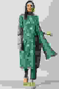 Peacock Green Printed Straight Kurta Regular Pants Suit Set image number 6