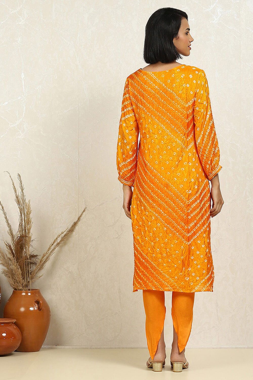 Orange Silk Blend Bandhej Crinkled Unstitched Suit Set image number 5