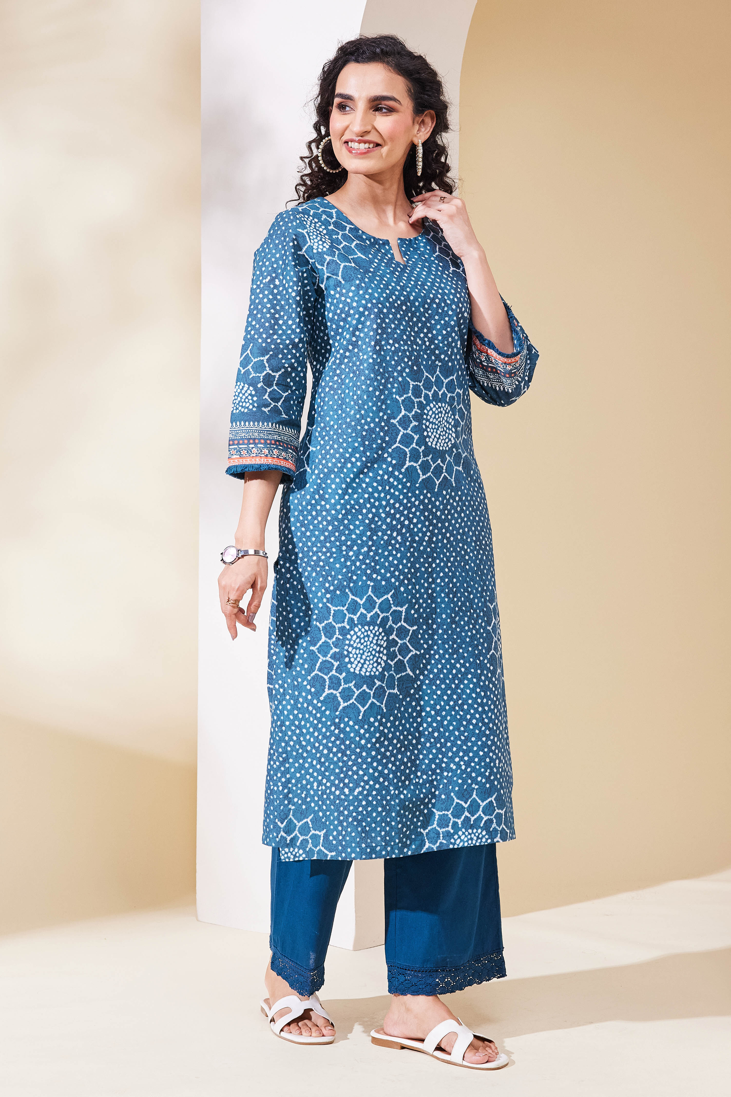 Teal Cotton Straight Kurta image number 4