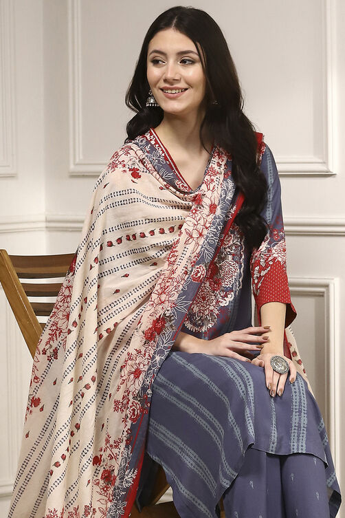 Blue Viscose Rayon Straight Printed Suit Set image number 7