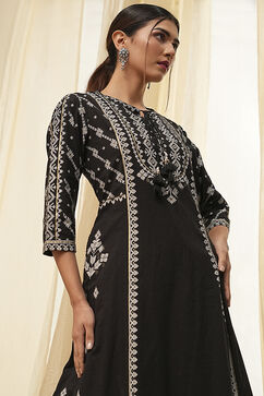 Black Pure Cotton Printed A-line Kurta Set image number 1