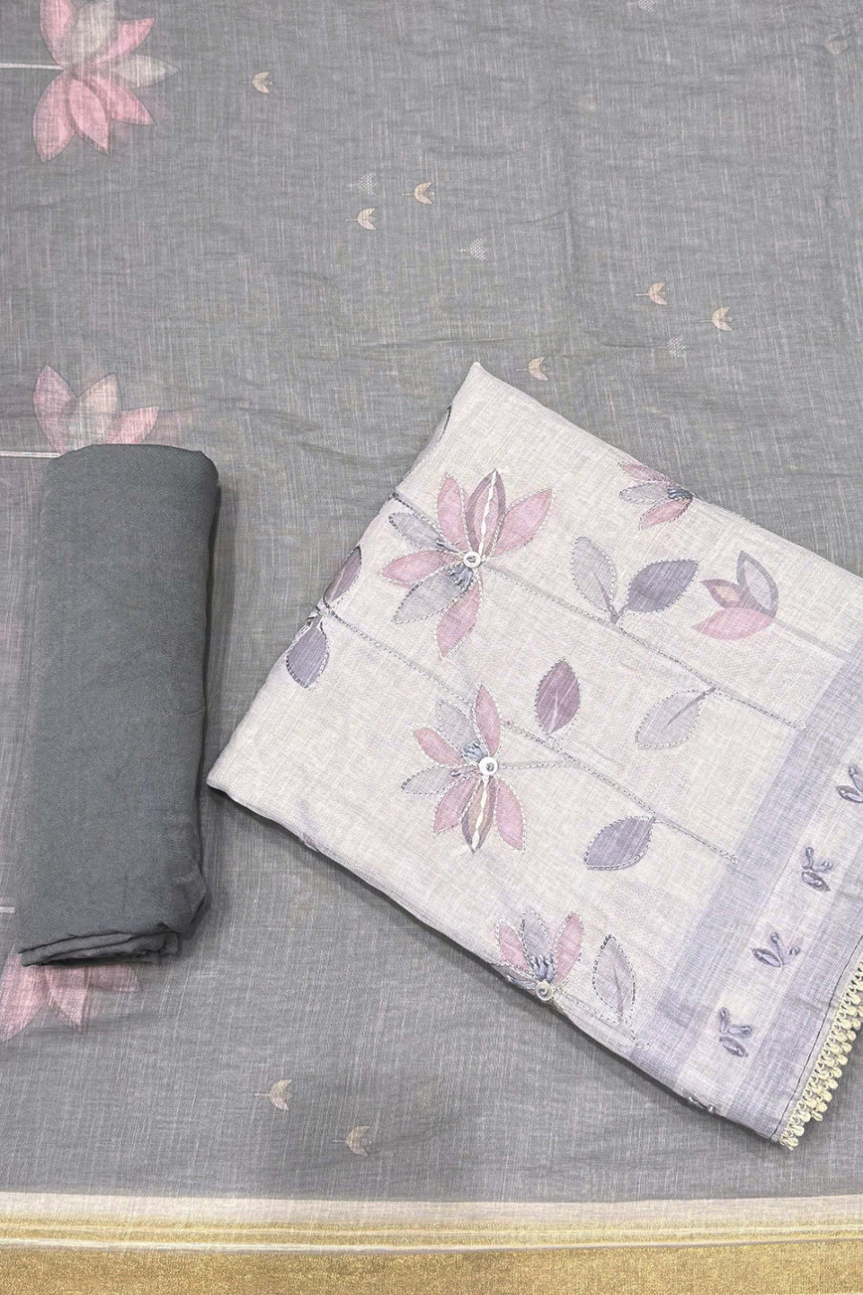 Grey Linen Printed Unstitched Suit Set image number 0